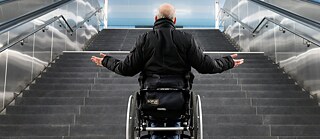 Wheelchair in front of a staircase Am I disabled, or am I disabled by my environment? Being dependent on a wheelchair is not a problem until you come across a staircase.
