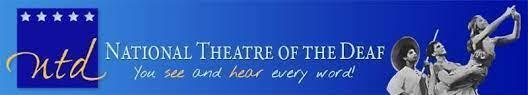 The official website of the National Theater of the Deaf, with a blue background, the theater's full English name and logo, and images of actors in black and white