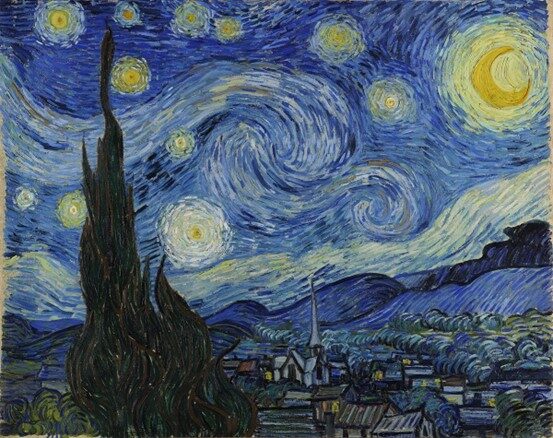 Van Gogh’s oil painting The Starry Night depicts the night sky in Van Gogh’s mind. The dazzling starry sky in different shades of blue is intertwined with twinkling stars. The village under the sky is quiet and beautiful; the orange lights in houses echo the stars in the sky.